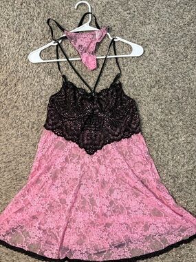 Delicate Pink Lace Chemise with Black Lace Bodice and Matching Thong